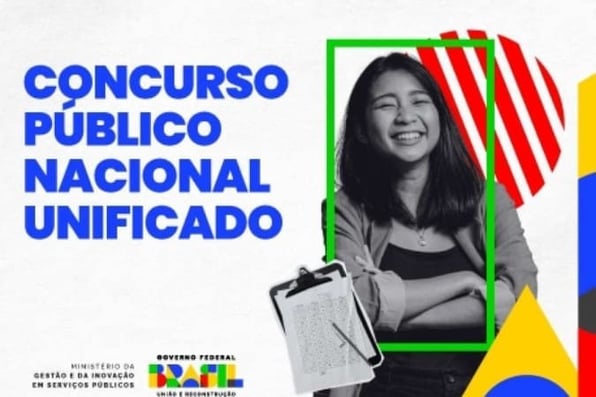 Jovem sorrindo e, ao lado, está escrito Concurso Público Nacional Unificado.